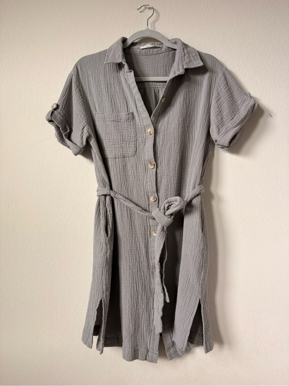 Final Touch Light Gray 100% Cotton Belted Dress- size small